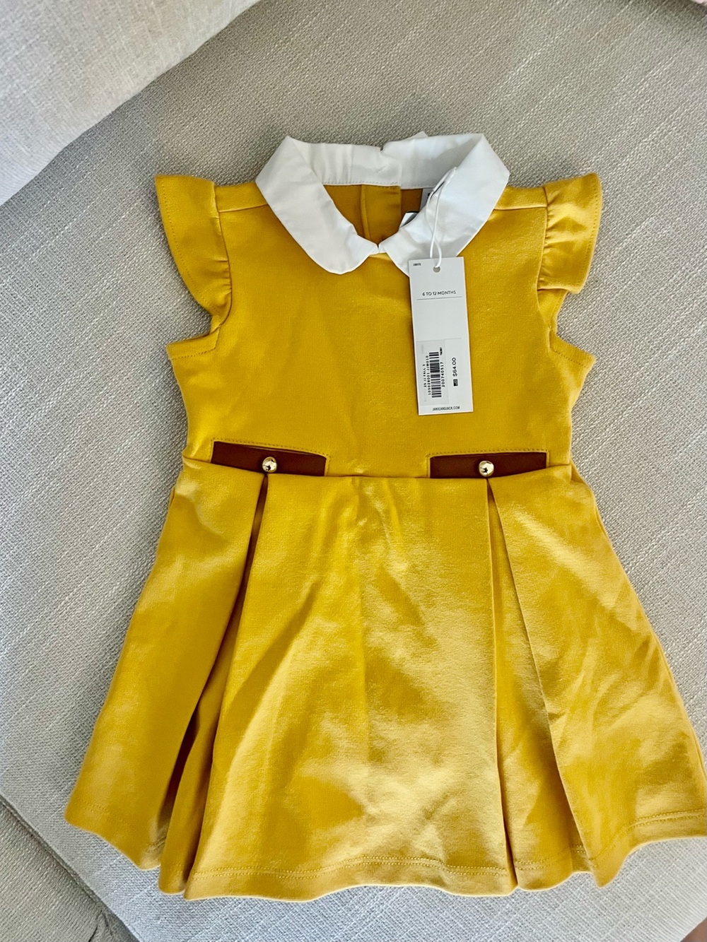 Janie and Jack Mustard Yellow Dress with White Collar and Brown Belt Tabs 6-12 m